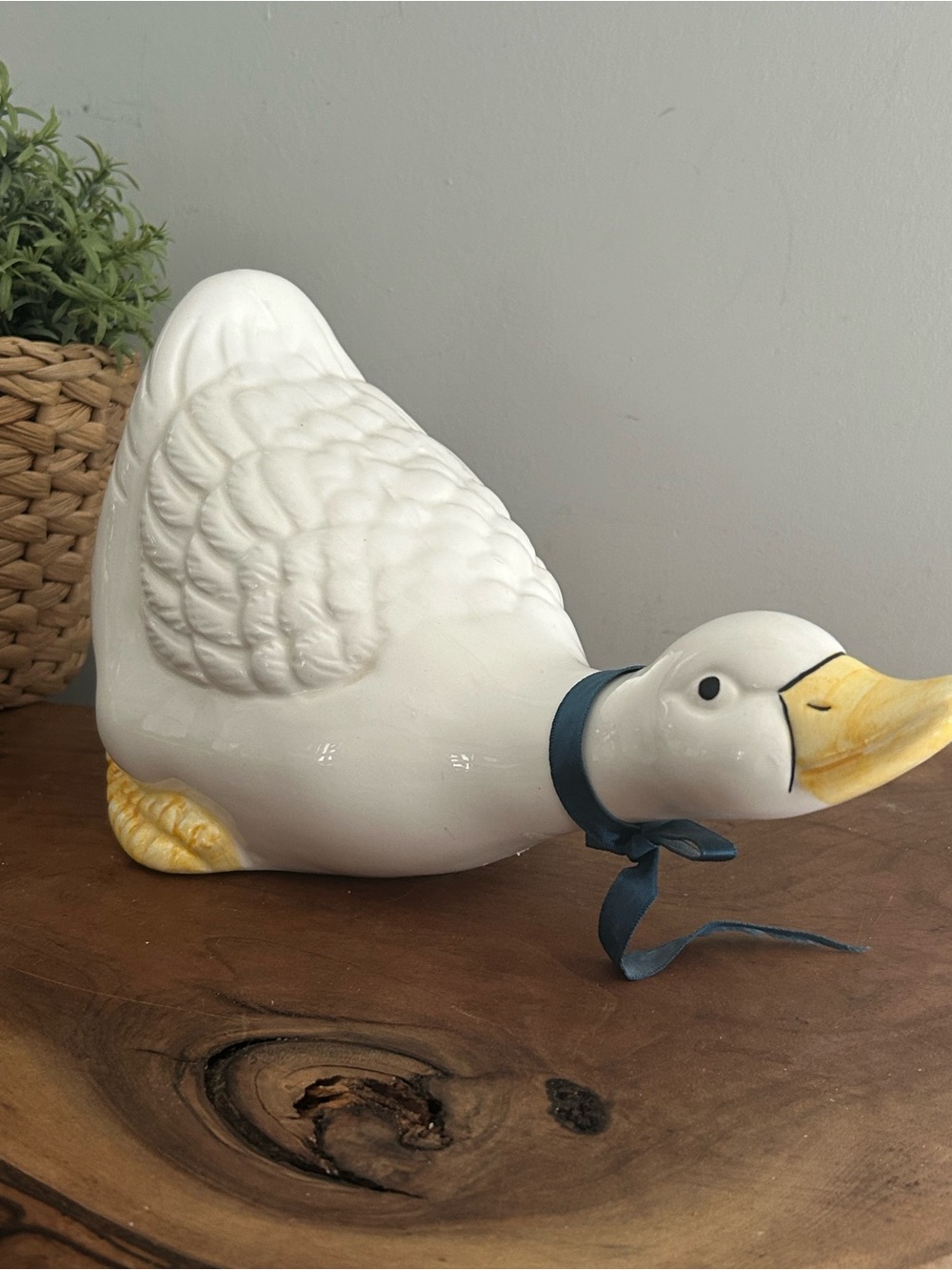 Vintage White Goose with Blue Bow Head down Cottage Grandma Core 1980s
